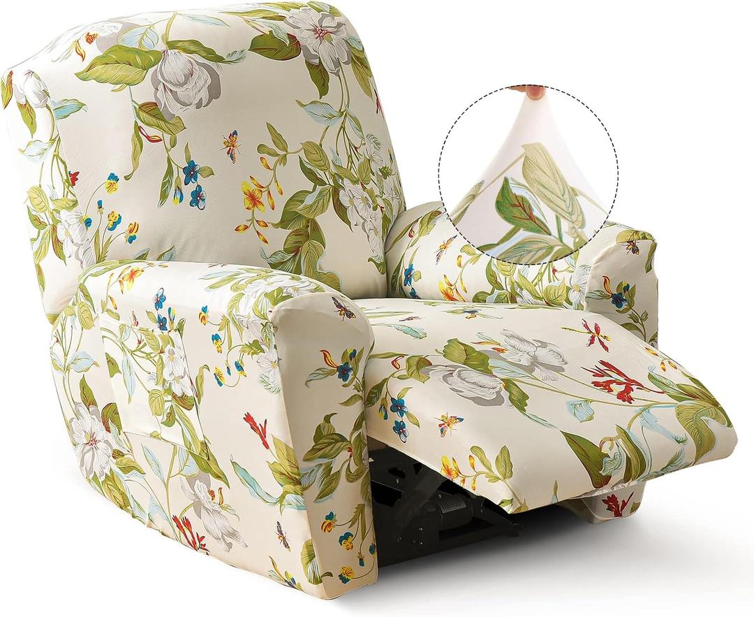 Iauddy Recliner Slipcover-Stretch Soft Slip Reclining Chair Slipcovers 4-Pieces Furniture Protector for Recliner with Pocket Fitted Sofa Couch Cover Lazy Boy Chair Cover(Beige/Olive Green)
