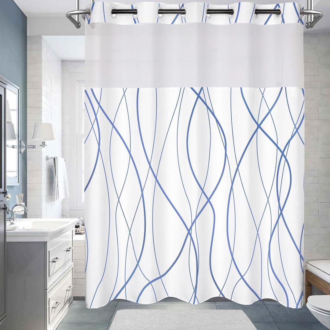 No Hook Shower Curtain with Snap in Liner Set, Sky Blue Striped Geometric Shower Curtains for Bathroom Hotel 71x74 Inch