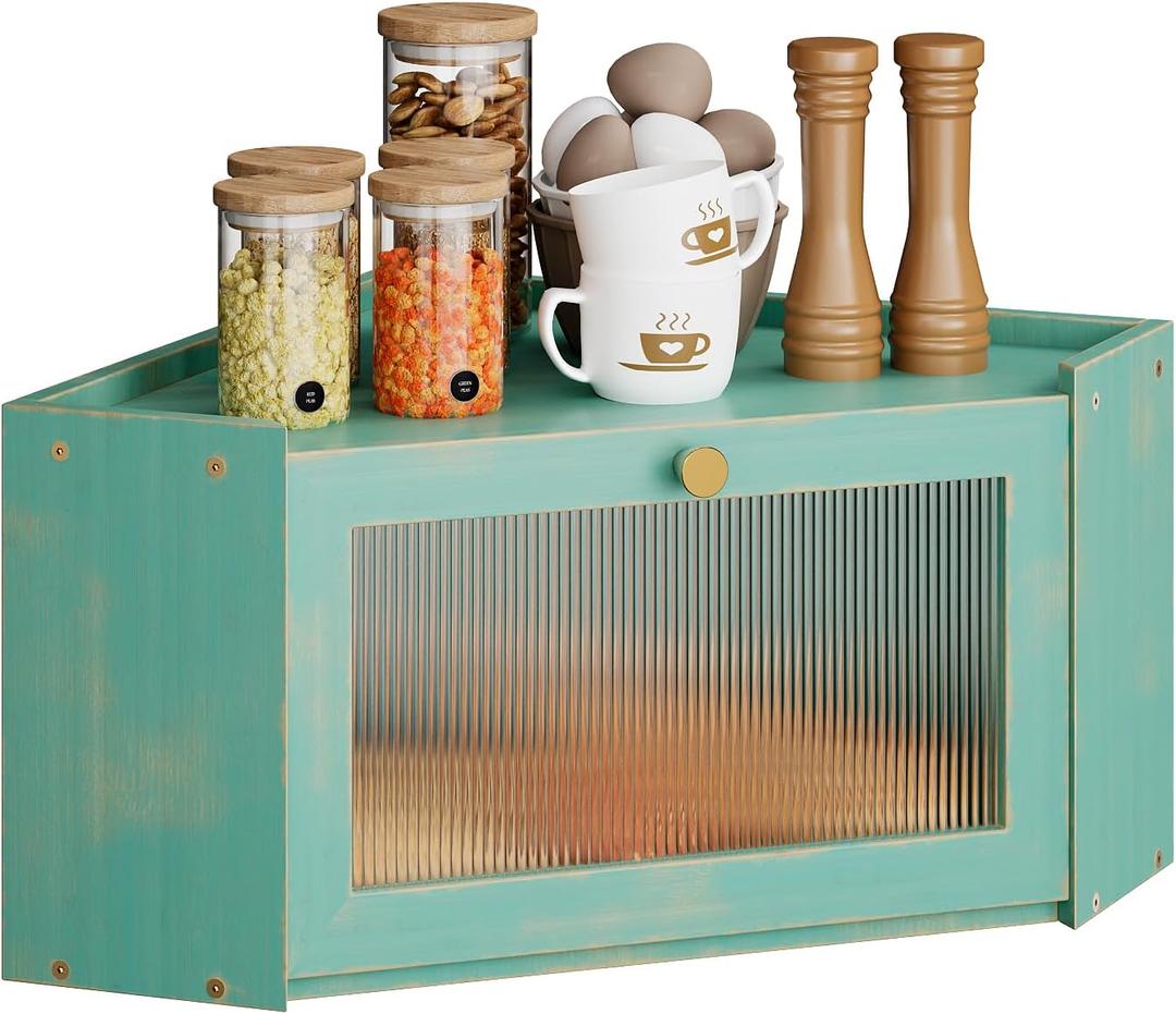 Corner Bamboo Bread Box for Kitchen Counter Large Capacity Rustic Bread Storage Container with Wavy Arcylic Transparent Door Vintage Storage for Homemade Bread (Antique Blue)