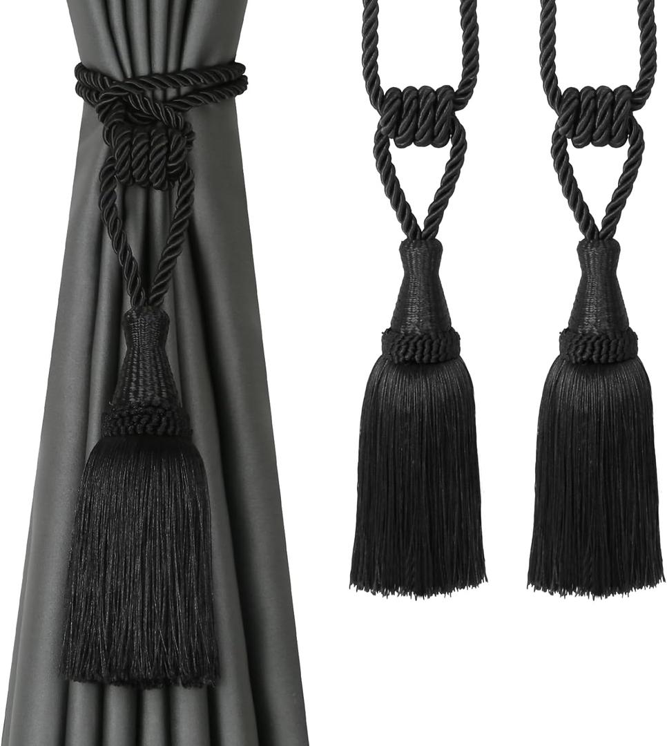 BEL AVENIR Curtain Tiebacks Handmade Holdbacks for Curtains Drape Decorative Tie Backs with Tassels(Black, 2 Pack)