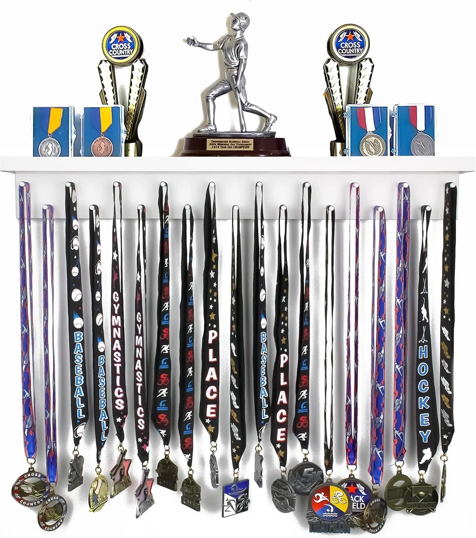 MedalAwardsRack Premier Medal Hanger Display Rack and Trophy Shelf for Gymnastics, Soccer, Basketball, Football, and More – 2, ft