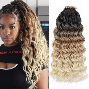 Leeven 14 Inch Pre Looped Ocean Wave Crochet Hair 8 Packs Boho Ocean Braids 3 Tone Ombre Blonde Short Curly Crochet Hair Pre Twisted Synthetic Deep Wavy Crochet Hair for Women