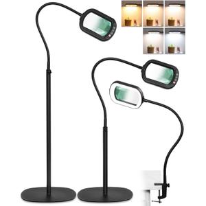 10X Rectangle Magnifying Glass with Light and Stand, 24" Flexible Gooseneck 3-in-1 Floor Lamp, 5 Color Modes Stepless Dimmable, LED Lighted Hands Free Magnifier for Reading Crafts Painting Close Work (Black)