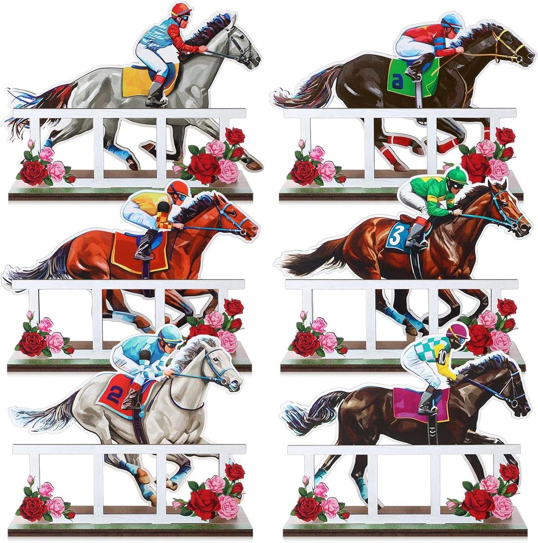 Geetery 12 Pcs Derby Day Horse Party Decorations Horse Racing Wooden Table Centerpieces Derby Day Tabletop Signs Tiered Tray Decor for Birthday Party Supplies