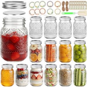 16 oz Embossed Mason Jars 15 Pack, Regular Mouth Pint Glass Canning Jars with Airtight Lids and Bands, Ideal for Overnight Oats, Meal Prep, Pickling, Fermenting, Food Storage, DIY Crafts & Gifts