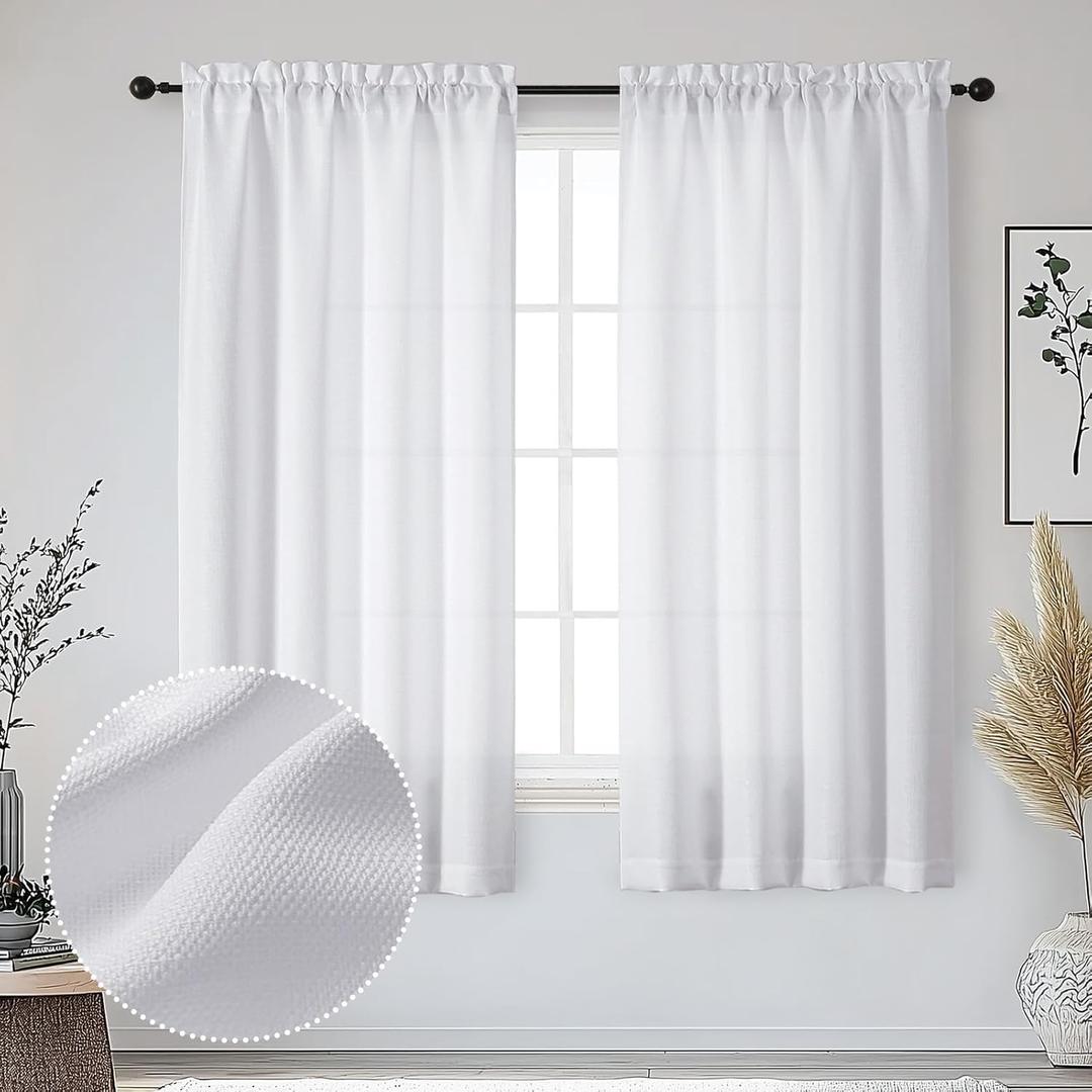 OWENIE Bob White Curtains 63 Inch Length 2 Panels Set for Living Room Bedroom, Light Filtering Faux Linen Textured Soft Window Curtain, Solid Soft Rod Pocket Drapes, 40Wx63L Inches, 2 Pcs, White