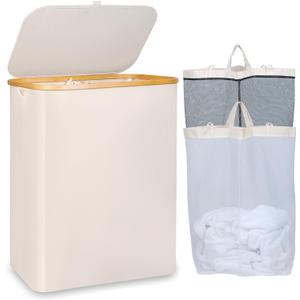 150L Laundry Basket with Lid, Large Laundry Hamper with Bamboo Handle, Collapsible Dirty Clothes Hamper Organizer with Removable Inner Bag for Clothes Toys Towels - Beige