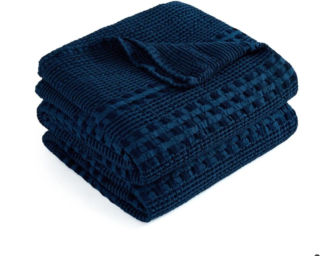 Cooling Waffle Weave Blanket Queen Size, 60% Cotton 40% Rayon Derived from Bamboo 90"X90", Navy Blue Soft Lightweight Bed Throw for Hot Sleepers, Breathable Cozy Comfort for Couch Sofa