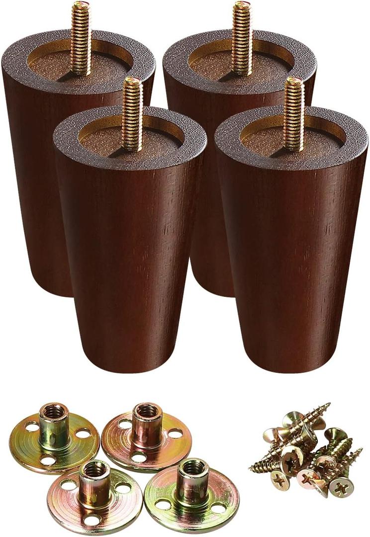 GOSCHE Wood Furniture Legs 4 Inch, Round Brown Sofa Legs Set of 4, Chair Legs, Replacement Couch Legs for Armchair, Cabinet, Mid Century Modern Dresser Or Home DIY Projects Bun Feet