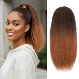 Long Yaki Straight Drawstring Ponytail for Black Women 16inch T30 Shoulder Length Synthetic Slight Kinky Straight Ponytail Extension Clip in for Daily Party Use(T1B/30 Mix Black and Brown)