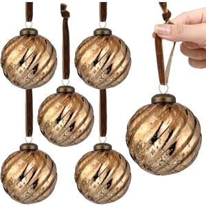 Threan 6 Pcs Large Vintage Mercury Glass Christmas Ornaments 3.15" Hanging Christmas Ball Ornaments Antique Embossed Ball Decorations for Xmas Tree Garland Wreath Holiday Decor(Brown,Twist)