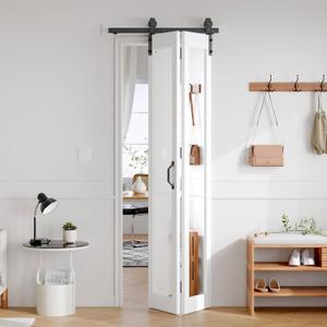 FREDBECK Bifold Barn Door 30x84 (Double 15x84) with 1 Lites Mirror,Bi-fold Closet Doors Hardware Kit Included,34" Track for 2 Doors, PVC, White,for Living Room, Bathrooms, Kicthen