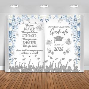 Graduation Backdrop Class of 2026 Party Decorations Background Floral Book Congratulations Graduate Banner Photo Booth Props (Blue and Silver, 8x6ft)