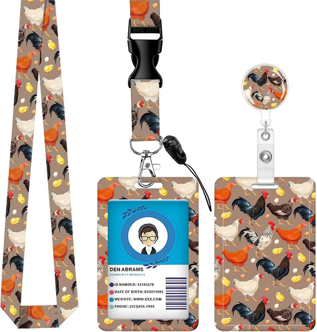 Badge Reels Retractable with Carabiner Reel Clip, ID Name Tag Work Badge Holder Belt Ferrule, Identity ID Badge Holder Cover Case for Office Work Nurse Teacher Student Gifts(Rooster Chicken)
