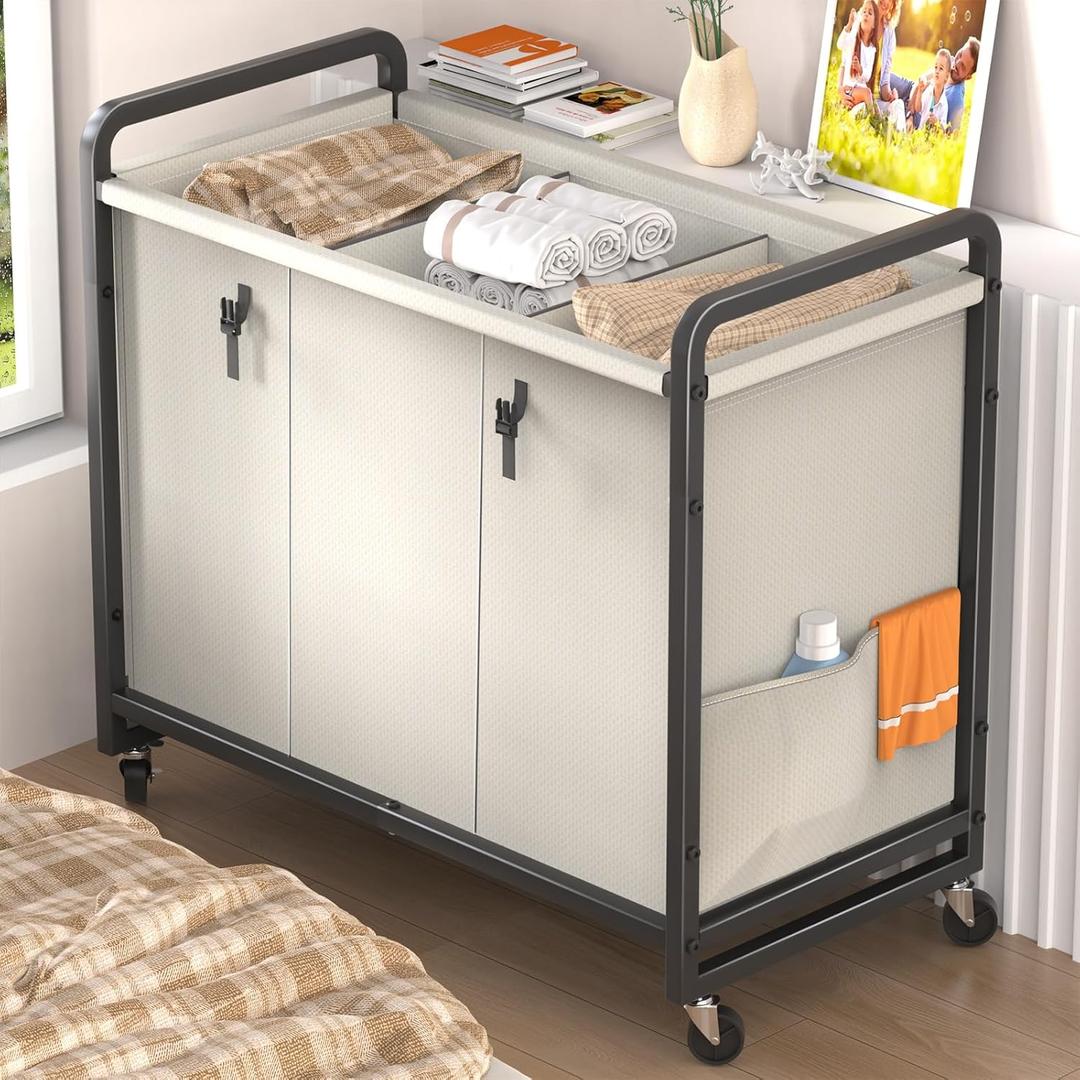 60 Gal (230L) Laundry Sorter 3 Section with Lid, Laundry Hamper Cart with Heavy Duty Rolling Lockable Wheels and Metal Handle,Laundry Basket Organizer with Removable Bag for Laundry Room - White