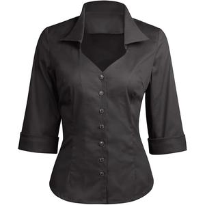 YARN & INK Women's Solid Classic-Fit Casual Blouses Button Down 3/4 Sleeve Dress Shirt 1950s Retro Elegant Work Office Tops (Black) S 