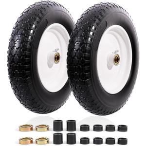 MZREXN 14.5" Wheelbarrow Tire Flat-Free 3.00/3.25/3.50/4.00-8" Solid Tire and Wheel with 3"-7" Centered Hub, 3/4" & 5/8" Bearings Replacement for Hand Truck/Dolly/Utility Cart/Garden Cart 2PCS White