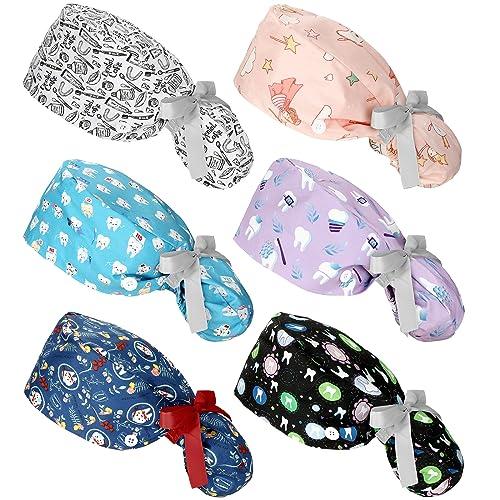 Honoson 3 Pcs Dental Scrub Caps Women Dentist Nursing Hats Adjustable Bouffant Nurse Hats Ponytail Turban Caps