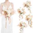 Ling's Moment Artificial Flowers Boho Bridesmaid Bouquet Set of 4, White Beige Wedding Flowers Bouquets for Bridesmaids, 7 Inch Bridal Bouquets for Bridesmaids, Wedding, Ceremony, Anniversary, etc
