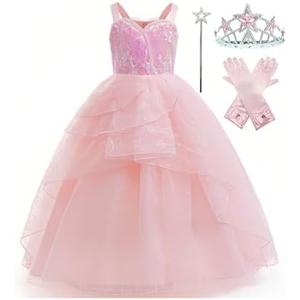 Xefenki Good Witch Glinda Costume Dress for Girls Halloween Cosplay Outfits With Crown Magic Wand and Gloves 130