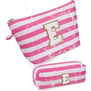 Gosect Initial Makeup Bag Personalized Stripe Cosmetic Bag Cute Waterproof Travel Toiletry Bag Birthday Gifts for 10 11 12 13 14 15 16 Years Old Teen Girl Gift Trendy Stuff (Pink E)