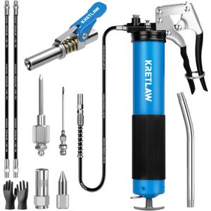 KRETLAW Grease Gun, 7000 PSI Heavy Duty Professional Pistol Grip Grease Gun Kit 14 OZ with Coupler, Double Grease Injector Needles, 18" & 2pc 12" Flex Hoses and Reinforced Glove
