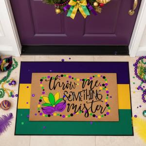 2 Pcs Mardi Gras Coir Doormat Outdoor Mardi Gras Welcome Outdoor Rug Layered Purple Yellow Green Stripe Rug for Carnival Front Porch Entryway Decor, 28 x 43 inches, 16 x 28 inches