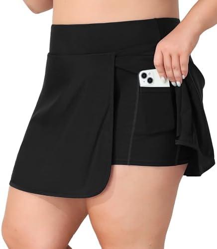 ANFILIA Women Plus Size Swim Skirt Tummy Control Split Swimsuit Bottom High Waisted Swim Suit Skirt with Pockets, 3X, Black