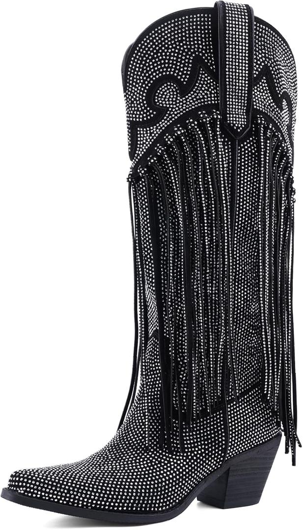 Rhinestone Fringe Cowgirl Boots for Women, Knee High Western Boots with Embroidery, Pointed Toe Chunky Heel Pull On, Concert Festival Statement Boots, Size 9