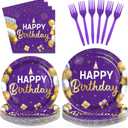 96Pcs Purple and Gold Birthday Party Decorations for Women Purple and Gold Happy Birthday Plates and Napkins Sets Princess Decorations for Girls Lady Bday Party Supplies Serves 24