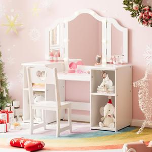 GarveeHome Kids Vanity with Lights Storage Cabinet & Touch Light Detachable Tri-Folding Mirror, 2 in 1 Toddler Vanity Table & Chair Set Wooden Girls Vanity Dress Table for Girls (White3)
