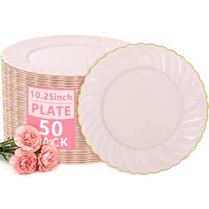 YOUBET 50 Pack Pink Scalloped Plastic Plates - 10.25 Inch Pink Disposable Plates - High End Elegant Vintage Dinner Plate for Party & Weeding & Birthday Mothers Day