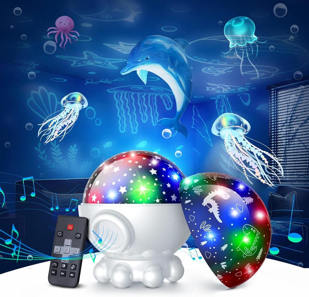 Night Light Projector,Ocean Star Night Light for Kids Room,Dinosaur Toys with 360 Rotation,Remote and Timer,3 Projection Films,17 Light Modes,9 Lullaby Songs,Birthday Christmas Gifts Kids Toys (White)