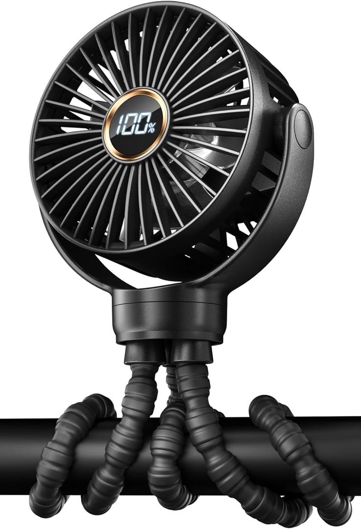 KIDEE Mini Stroller Fan, Portable Baby Fans Battery Operated, LED Display with 3 Speeds, Small Clip on Fan Desk Fan USB Rechargeable, Personal Handheld Fans for Outdoor Travel, Children Gift (Black)