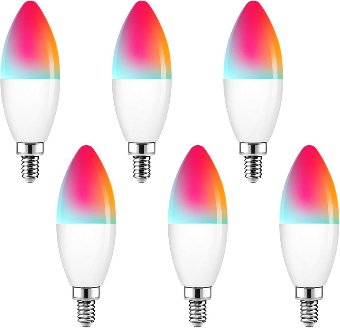 E12 Smart Light Bulbs Compatible with Alexa/Google Assistant/Smart Life, WiFi Chandelier Candle Candelabra RGBCW Color Changing Bulbs, 60W Equiv 600LM 6W, 2.4G WiFi, No Hub Required, ETL Listed, 6PCS