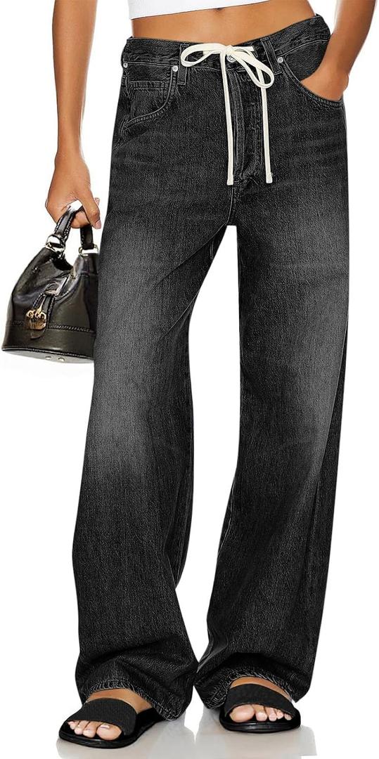 Cicy Bell Womens Wide Leg Jeans Drawstring High Waisted Baggy Straight Leg Jeans Trendy Boyfriends Denim Pants with Pockets (Gray)