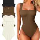 OQQ Women's 3 Piece Bodysuits Sexy Ribbed Strappy Square Neck Sleeveless Tummy Control Tank Tops Bodysuits S