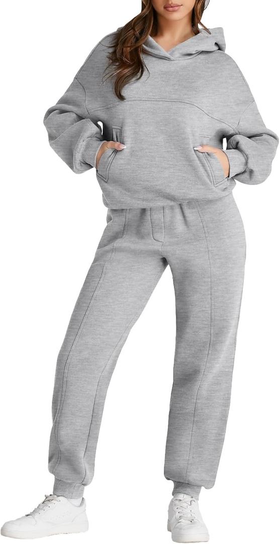 Aleumdr 2 Piece Outfits for Women Matching Sweat Set Sweatsuit Hoodie Sweatshirts and Sweatpants Tracksuits Joggers Sweat Sets 2024 Fall Comfy Clothes Athletic Travel Lounge Sets Grey Large, A2 Gray