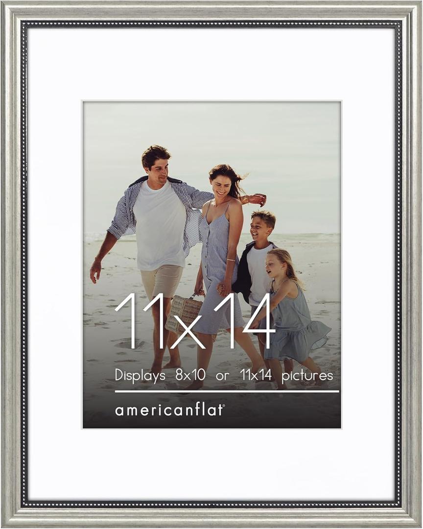 Americanflat Vintage Frames - 11x14 Picture Frame with Beaded Accents and Shatter-Resistant Glass - Use as 8x10 Frame or Display 11x14 Photos Without Mat - Heirloom Collection - Wall Display - Silver