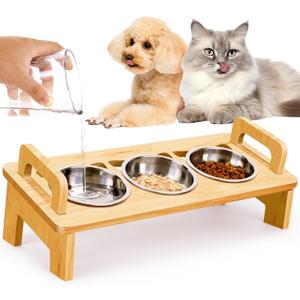 Bamboo Cat Food Bowl for Indoor, 3 Stainless Steel Raised Cat Bowls with Stand, 15Tilted Cats Bowl for Small Dog, Cats Food and Water Bowl Set, Anti Vomitting, Whisker Fatigue and Dishwasher Safe (Original wooden)