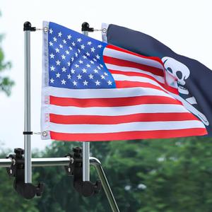 2 Pack Boat Flag with Adjustable Boat Flag Pole, 316 Stainless Steel Clamp on Flag Pole Kits Rail Mount without Drilling, Kayak Flag Pole With Gimbals End (Silver 2 Pieces)