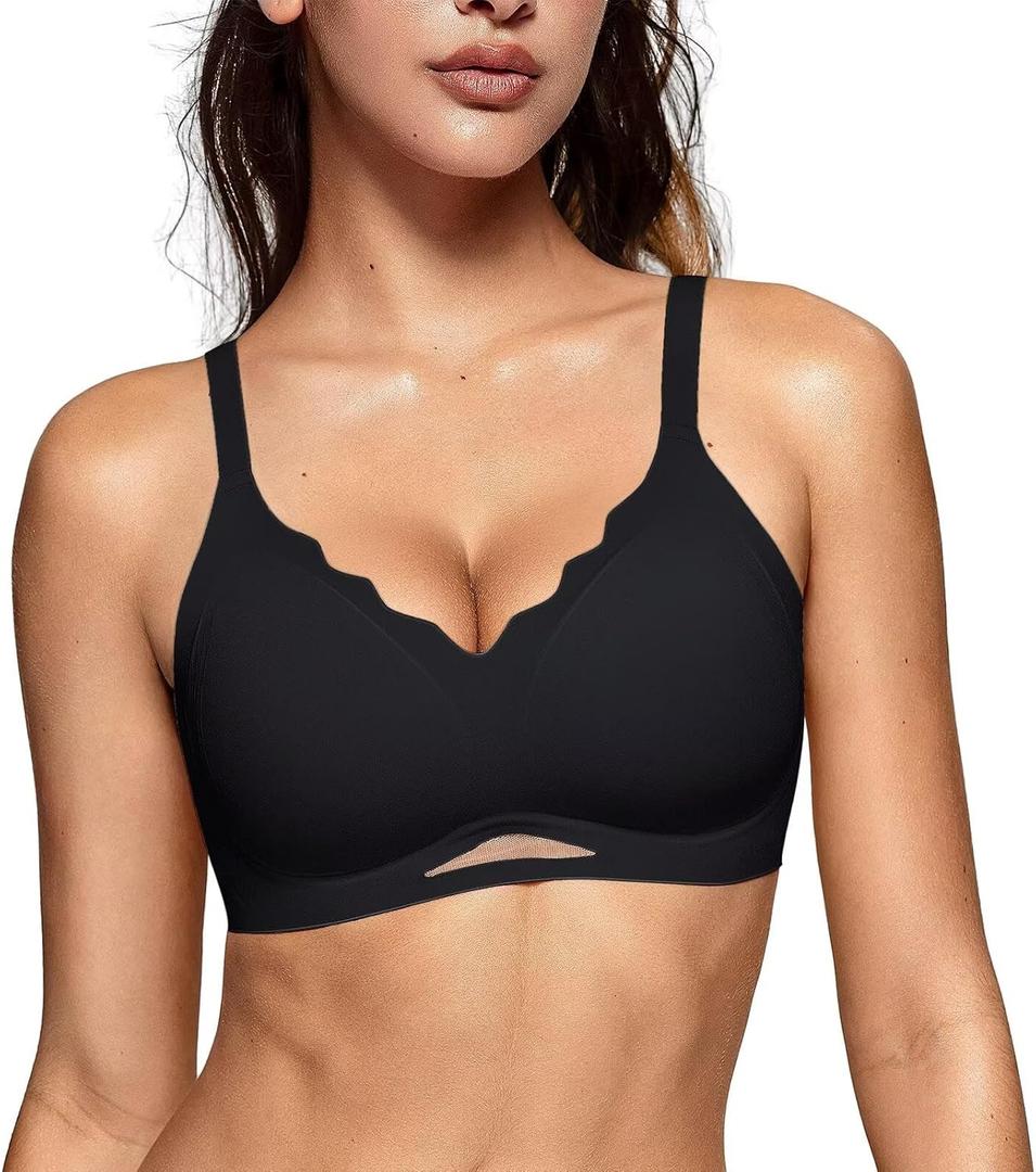 Vertvie Bras for Women Wireless Comfortable Push Up Bra Scalloped Seamless Full Coverage No Underwire Supportive T Shirt Bras (Black, XX-Large)