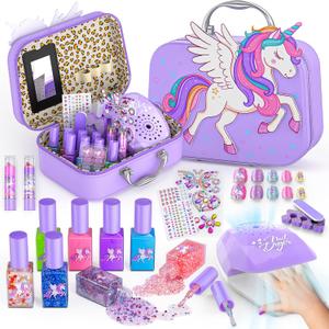 Kids Nail Polish Set for Girls Toys, Washable Quick-Dry Toddler Nail Art Kit with Air Cooling Dryer and Cosmetic Case, Christmas or Birthday Gifts for Girls Ages 3 4 5 6 7 9 10 11 12-Purple