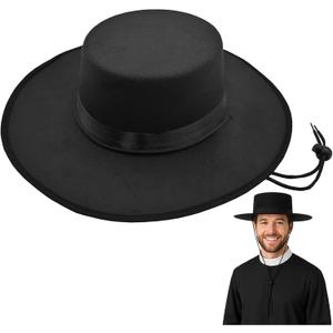 Nicky Bigs Novelties Adult Black Wide Brim Felt Hat Premium Flat Top Hats Amish Style Ranch Cowboy with Chin Strap Men Women Costume Accessory for Plague Matador Western Medieval Adjustable Size