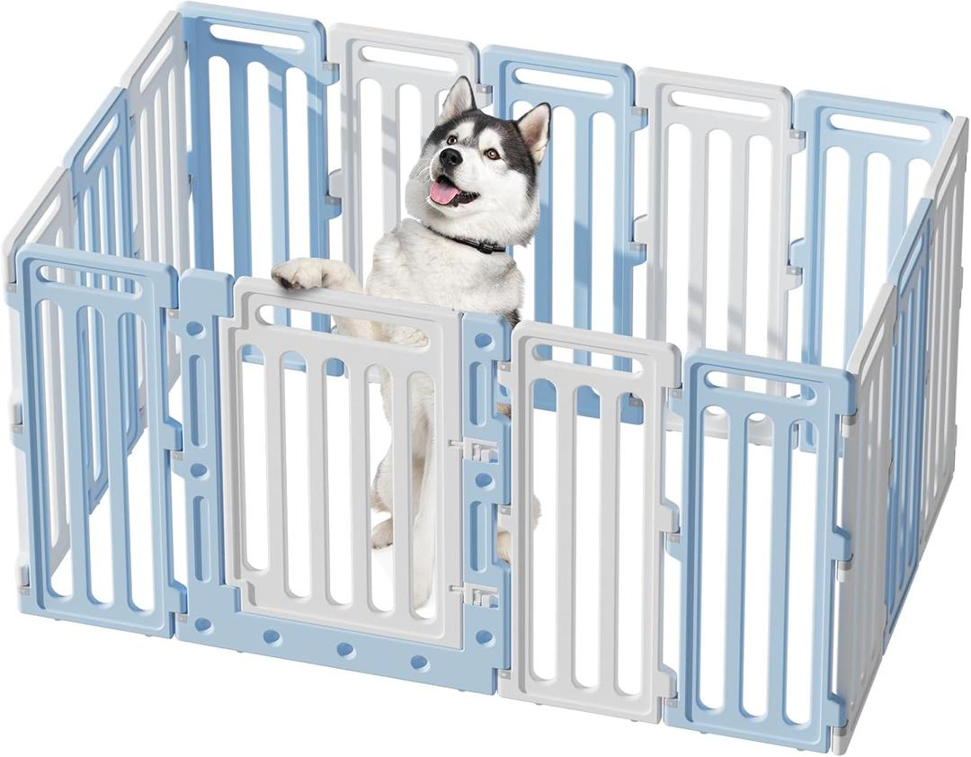 BUMUBI Dog Playpen Fence Clear Pet Puppy Foldable Kennel for Large Medium Dogs Plastic Puppy Enclosure for Cat Rabbit Indoor Whelping Box for Dogs with Gate (Blue + White, 16 Panels+1 Door)