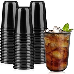 Jycnolm 50 Pcs Black Plastic Cups, 16 Oz Disposable Stemless Wine Glasses Cocktail Black Party Cups for Meeting Birthday Party Holiday Gatherings