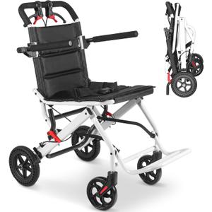 Compact Ultra-Lightweight Portable Transport Wheelchair Foldable Travel Wheelchairs with Handbrake for Adults and Seniors White