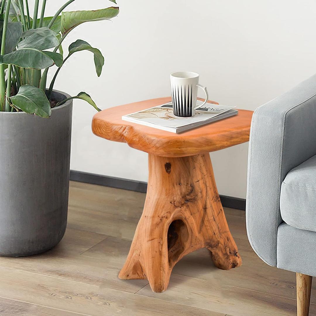 Small Side Table, Unique Design Live Edge Wood Stool, Freeform Natural Plant Stand for Garden, Yard, Living Room, Bedroom (14"D x 12.5"W x 14.5"H)