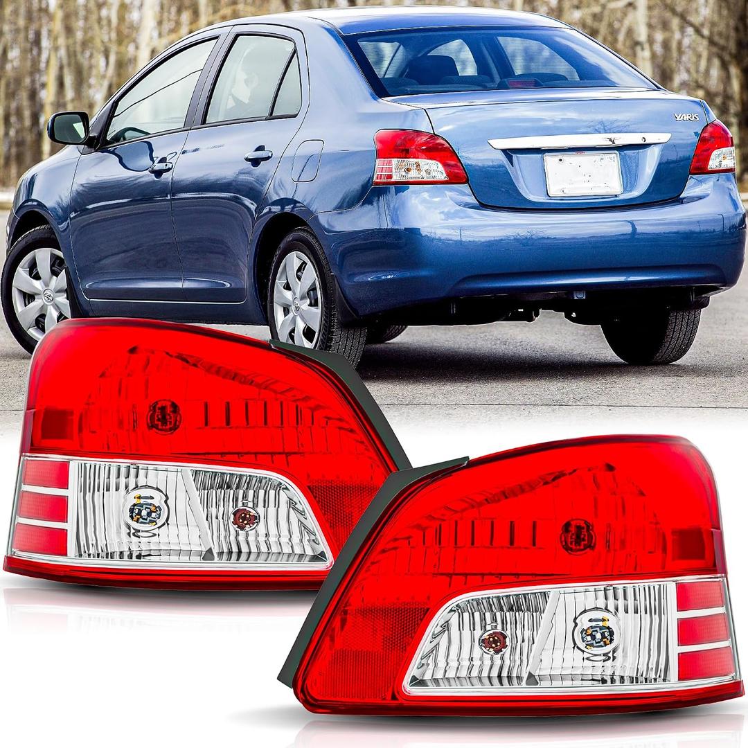 Tail Lights Assembly Pair for 2007 2008 2009 2010 2011 Toyota Yaris 4-Doors Sedan Red Taillights Rear Back Brake Lmaps Replacement Driver and Passenger Side,Chrome Housing Clear Lens