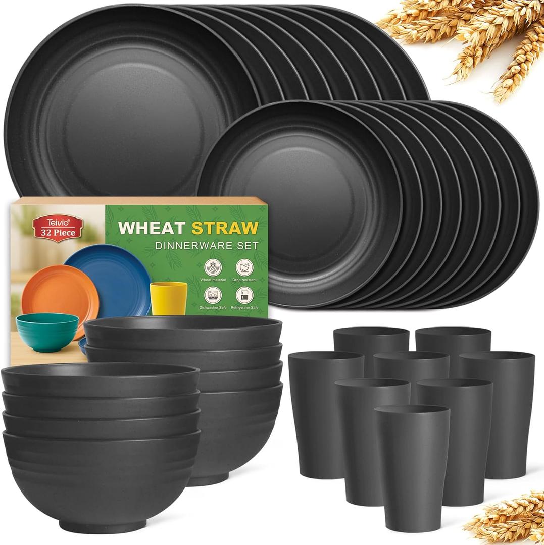 Teivio 32-Piece Kitchen Plastic Wheat Straw Dinnerware Set, Service for 8, Unbreakable Modern Dish Set - Dinner Plate/Dessert Plate/Cereal Bowl/Cup, for Apartment Essentials, Outdoor Camping, Black